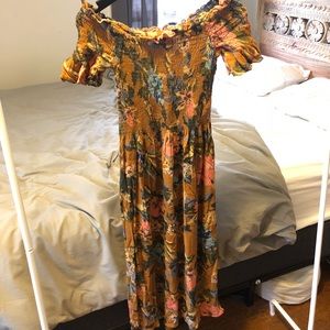 Floral off the shoulder dress.